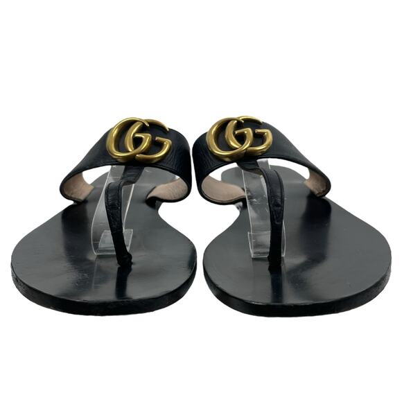 Gucci Black Leather Thong Sandals Gold Double G Logo Size 37 - Picture 5 of 13
